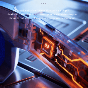 Close-up of smart glasses component with an illuminated Bluetooth