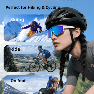 Woman in cycling helmet & blue multi-sport sunglasses. In
