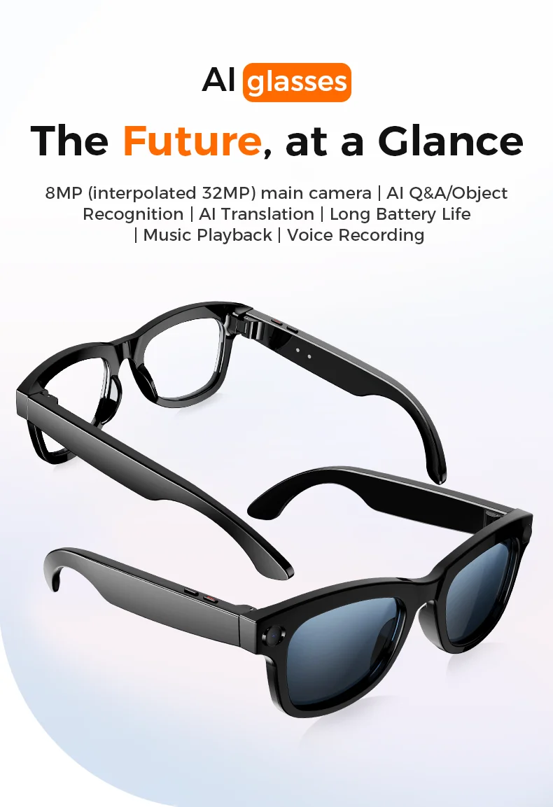 8MP Camera Smart Glasses with AI Assistant and Touch Control - Display