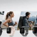 Panoramic collage of four lifestyles using budget smartwatches: office, fitness, hiking, casual, with various strap styles on light gray background