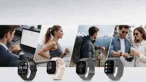 Panoramic collage of four lifestyles using budget smartwatches: office, fitness, hiking, casual, with various strap styles on light gray background