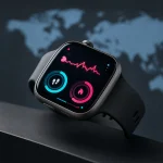 A sleek titanium smartwatch with AMOLED health dashboard on a dark surface, world map background for global market insights