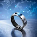 Centered premium titanium smart ring with glowing indicator on a world map background with data charts, representing smart ring market news
