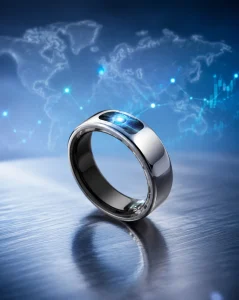 Centered premium titanium smart ring with glowing indicator on a world map background with data charts, representing smart ring market news