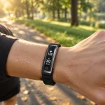 Close-up of a fitness tracker on a wrist displaying calorie count while jogging in a park at sunrise