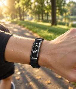 Close-up of a fitness tracker on a wrist displaying calorie count while jogging in a park at sunrise