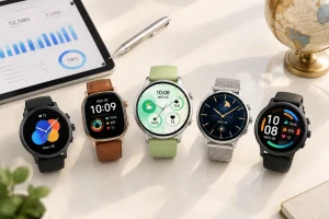 Overhead view of five smartwatches on a white desk with a tablet and globe, representing smart watch sourcing for global buyers