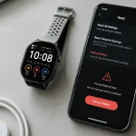 Overhead view of a smartwatch and smartphone with reset settings menu on a desk