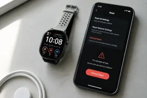Overhead view of a smartwatch and smartphone with reset settings menu on a desk
