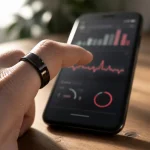Extreme close-up of a finger wearing a smart ring moving toward a smartphone screen displaying a health dashboard