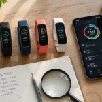 Flat lay of colorful budget fitness tracker wristbands with a smartphone and sourcing notebook on a light wooden desk
