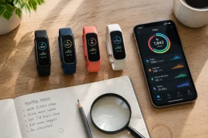 Flat lay of colorful budget fitness tracker wristbands with a smartphone and sourcing notebook on a light wooden desk